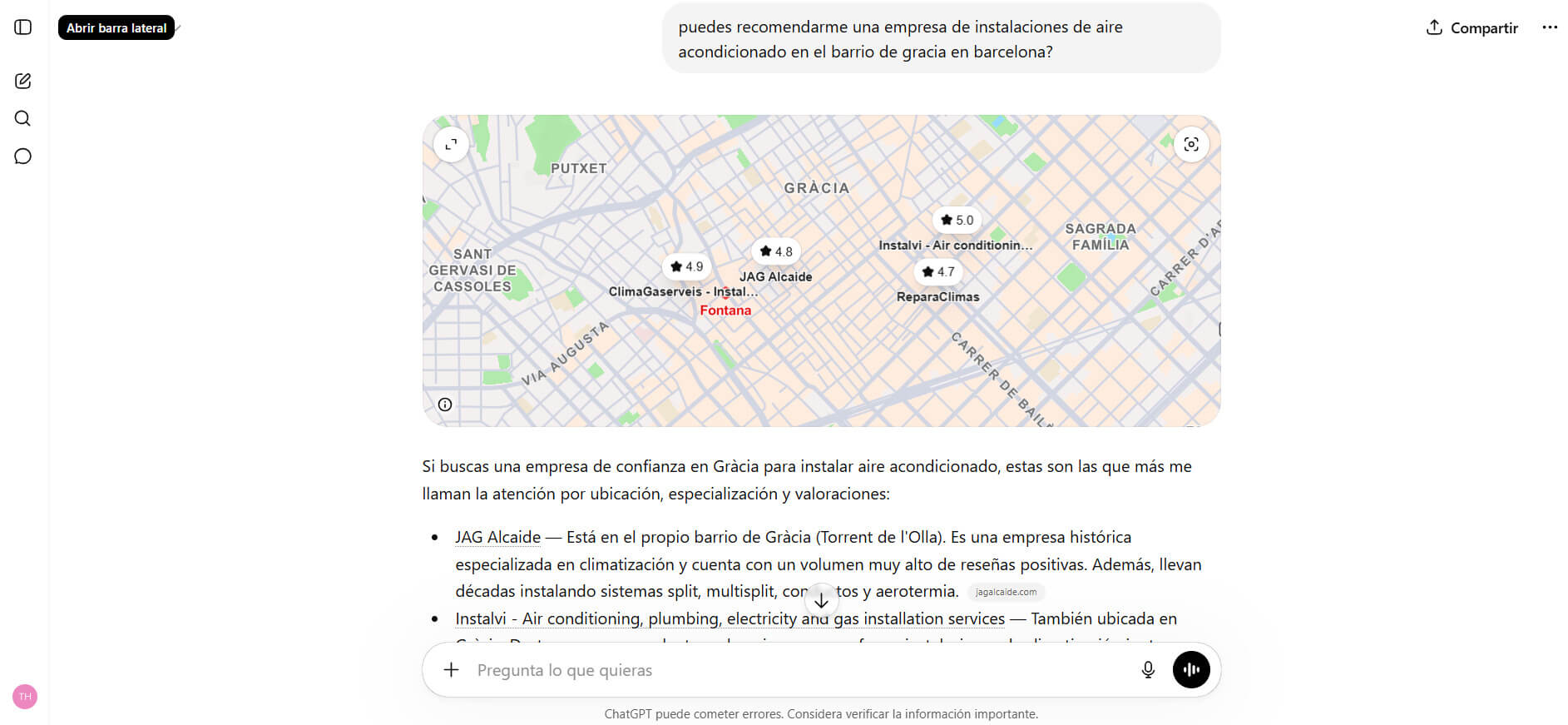 JAG Alcaide primera opción en ChatGPT para aire acondicionado en Gràcia