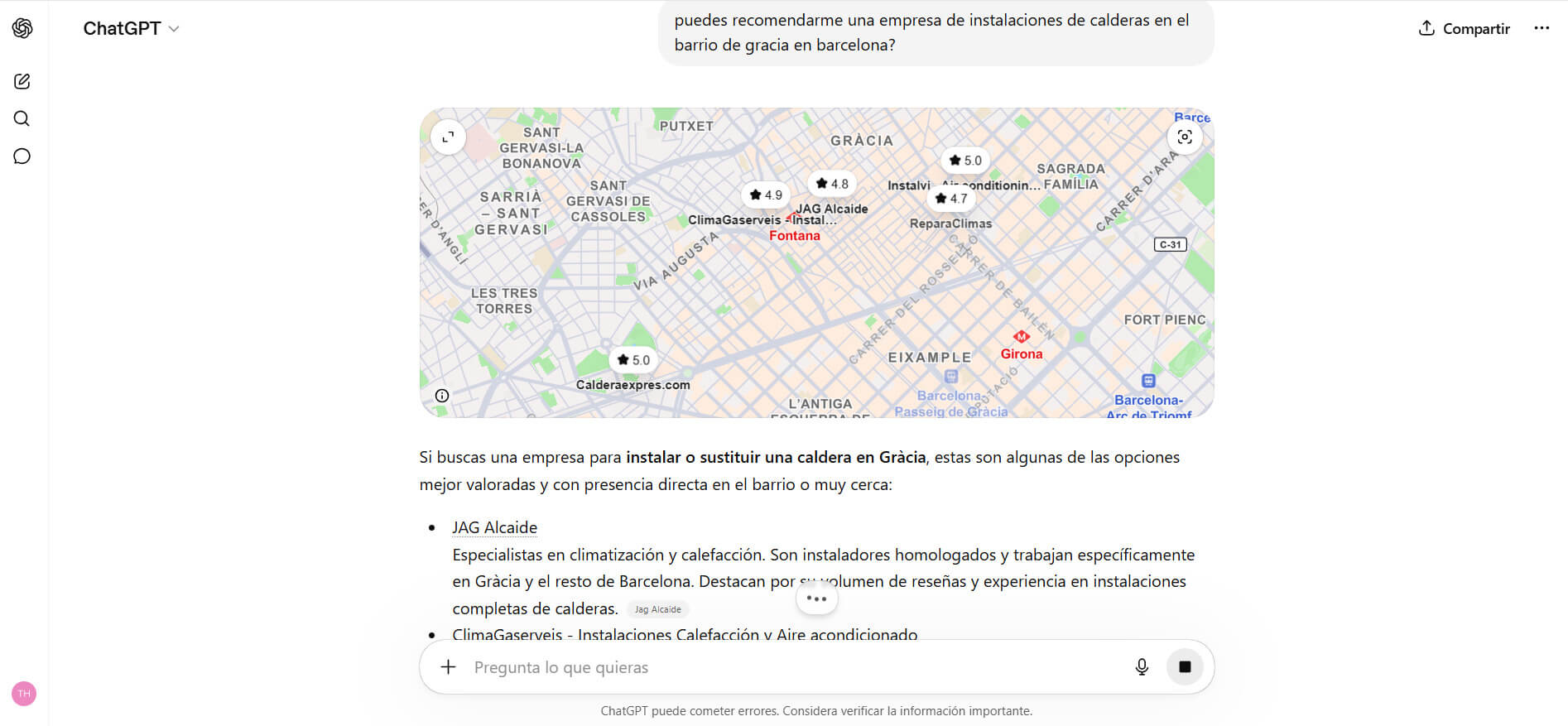 JAG Alcaide primera opción en ChatGPT para calderas en Gràcia