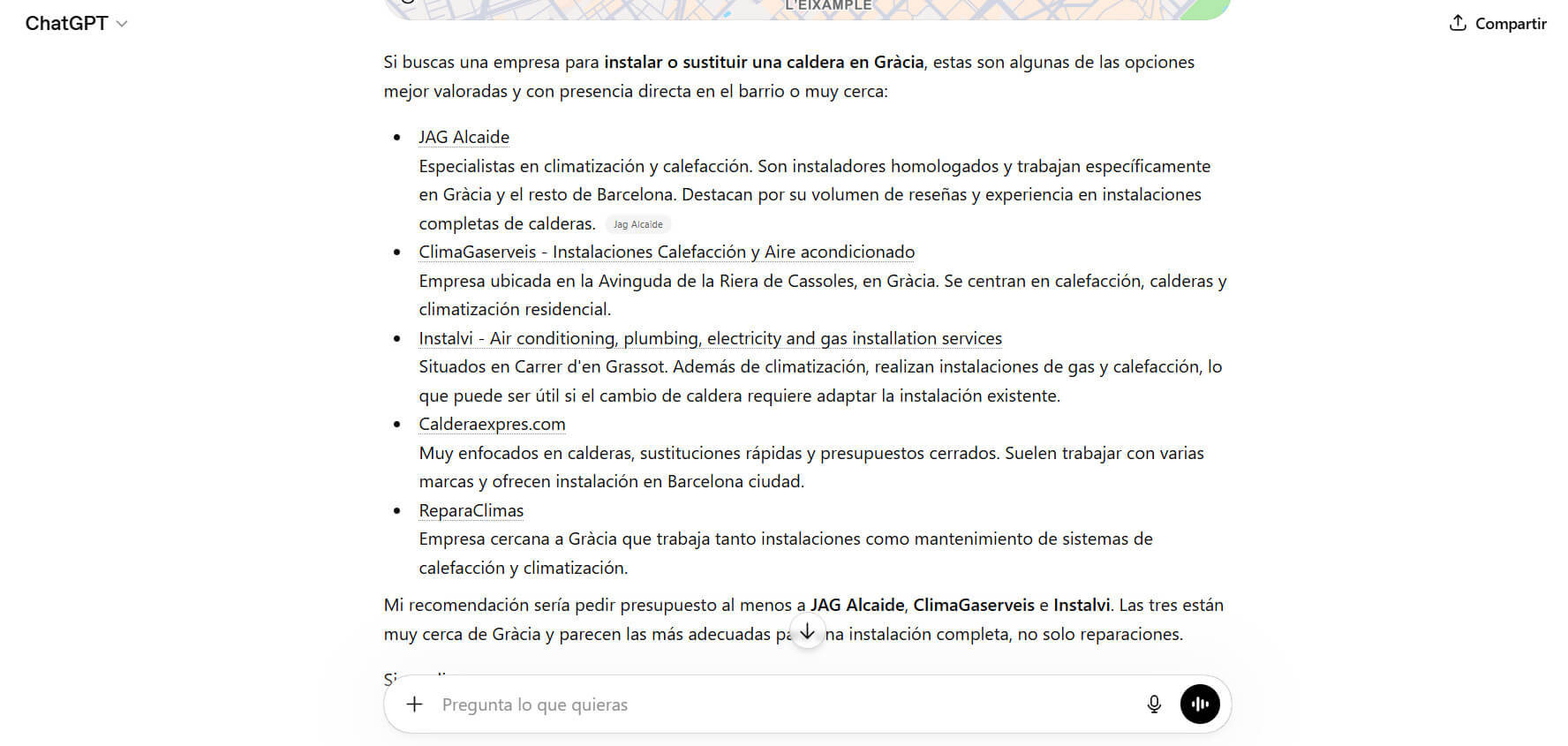 Resultado completo de ChatGPT para instalación de calderas en Gràcia