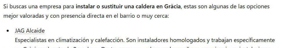 ChatGPT answer recommending JAG Alcaide to install a boiler in Gràcia
