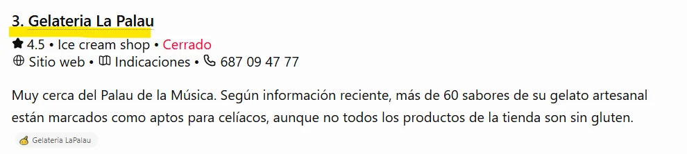 ChatGPT answer recommending Gelateria La Palau for gluten-free ice cream in El Born
