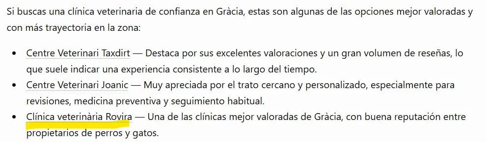 ChatGPT answer recommending Clínica Veterinaria Rovira in Gràcia